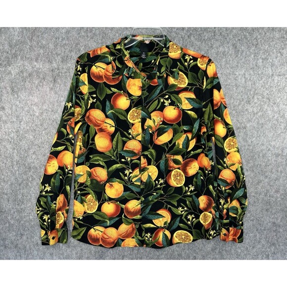 H&M Shirt Men's L Black Long Sleeve Button Up Orange Tree Print - Picture 1 of 8